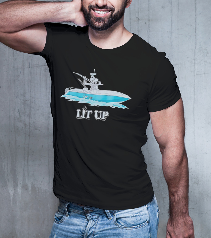 LIT UP Boat Illuminated With Blue Waves T-Shirt
