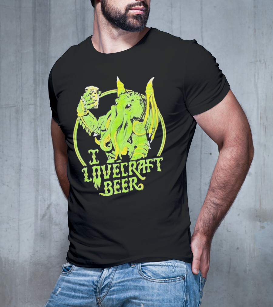 Cthulhu I Love Craft Beer Green Creature Holding Mug T-Shirt