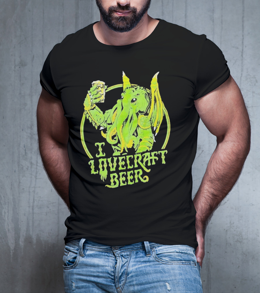 Cthulhu I Love Craft Beer Green Creature Holding Mug T-Shirt