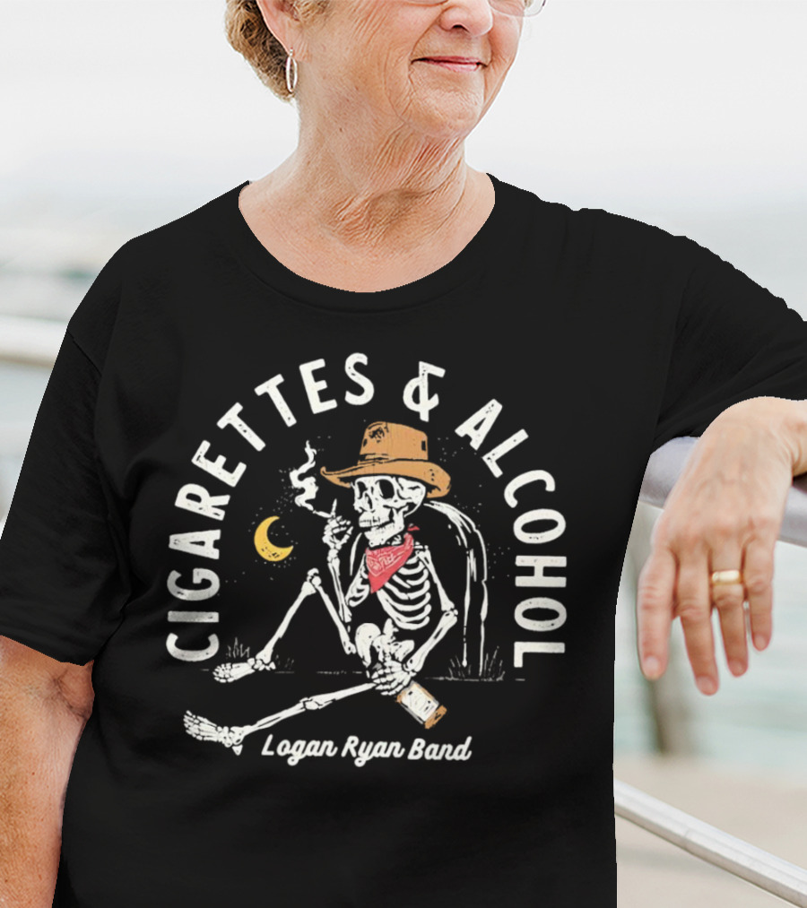 Logan Ryan Band Cigarettes And Alcohol Skeleton In Cowboy Hat Smoking With Bottle And Moon T-Shirt