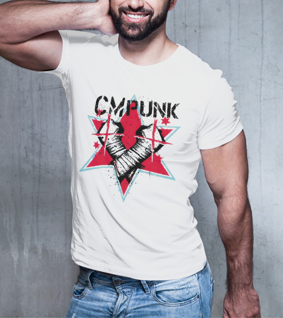 CM Punk Clobber McIntyre Logo Stars Fist Red Blue T-Shirt