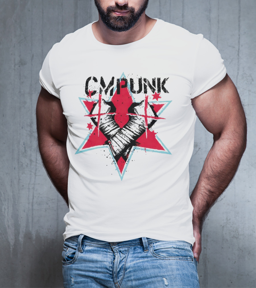 CM Punk Clobber McIntyre Logo Stars Fist Red Blue T-Shirt