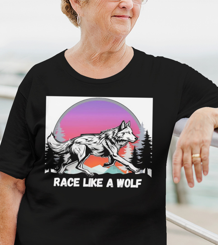 Race Like A Wolf Running Through Forest Silhouette At Sunset T-Shirt