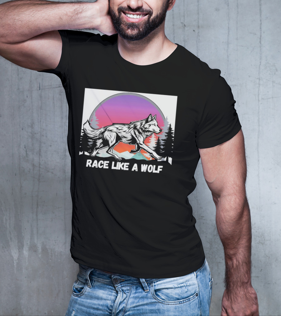 Race Like A Wolf Running Through Forest Silhouette At Sunset T-Shirt