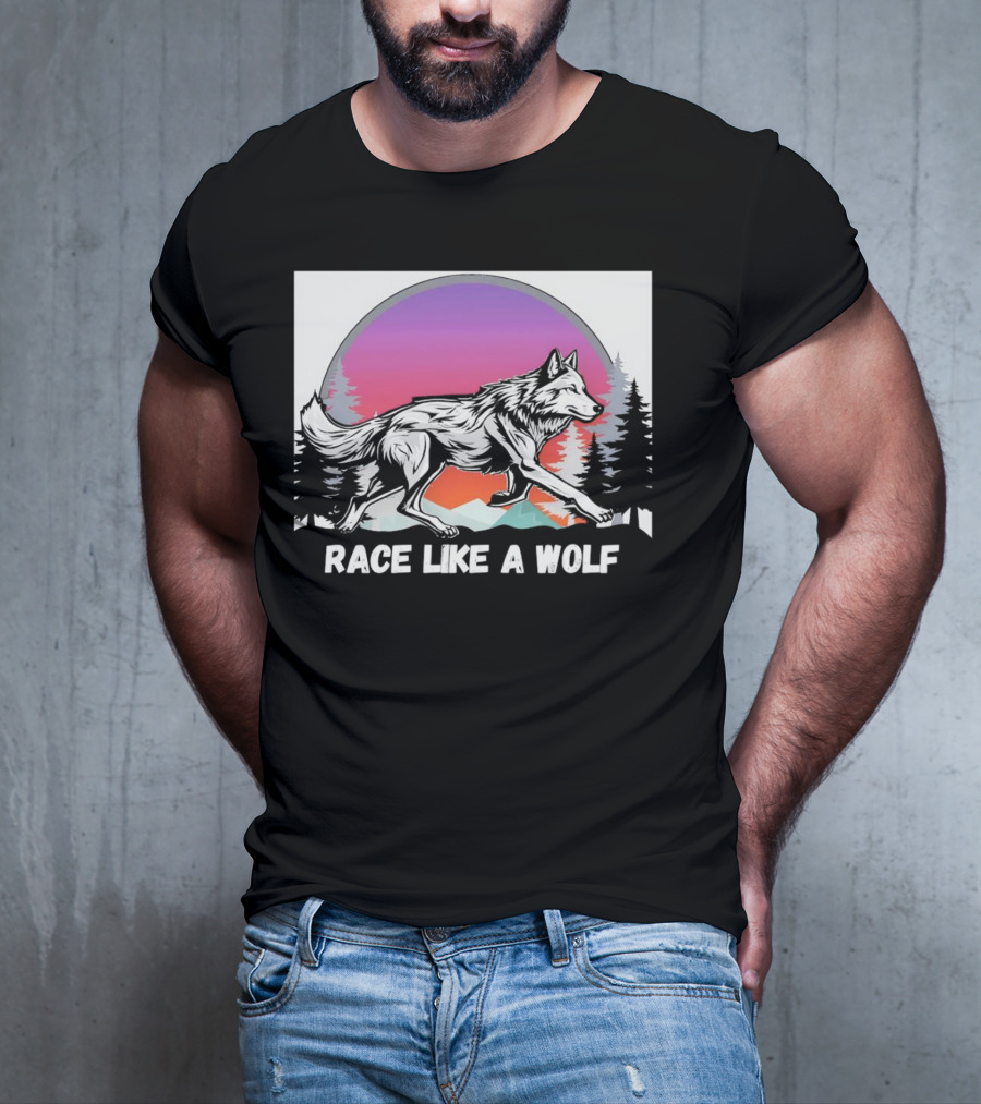 Race Like A Wolf Running Through Forest Silhouette At Sunset T-Shirt