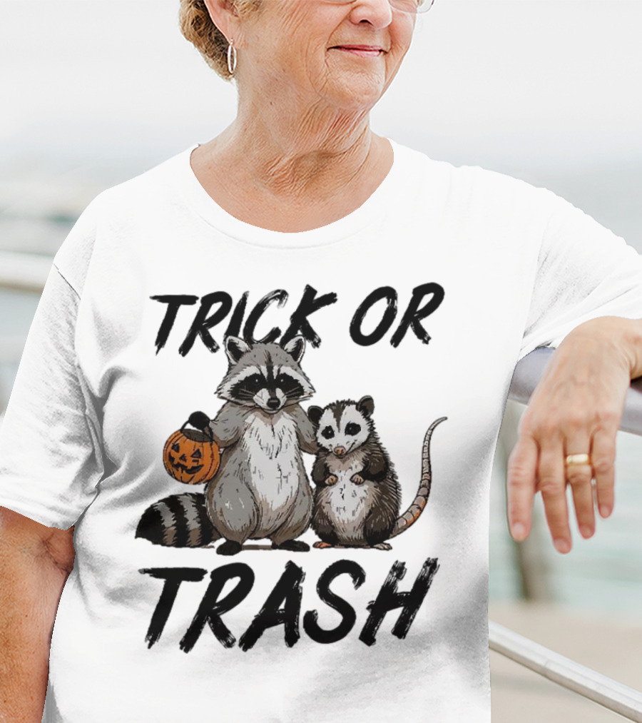 Trick Or Trash Halloween Raccoon With Pumpkin T-Shirt