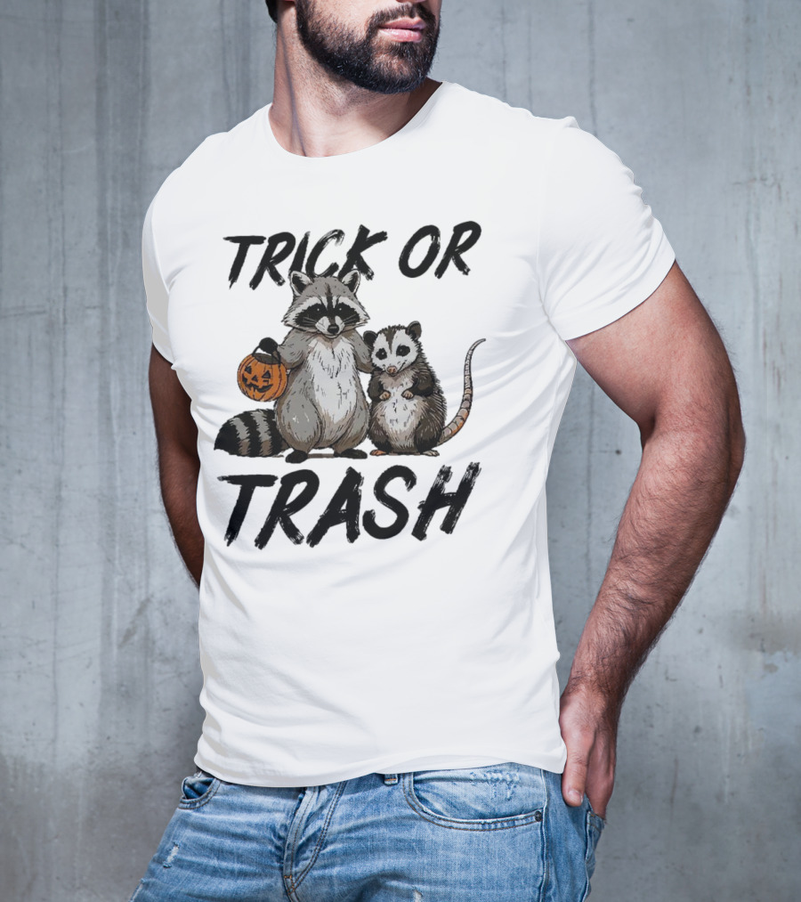 Trick Or Trash Halloween Raccoon With Pumpkin T-Shirt