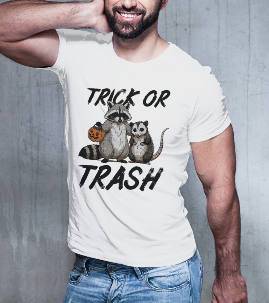 Trick Or Trash Halloween Raccoon With Pumpkin T-Shirt