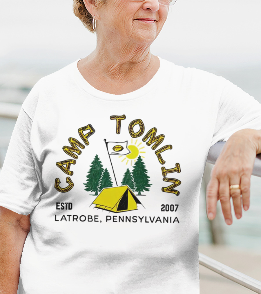 Camp Tomlin Established 2007 Latrobe Pennsylvania Football Camping Tent Trees Moon Sun T-Shirt