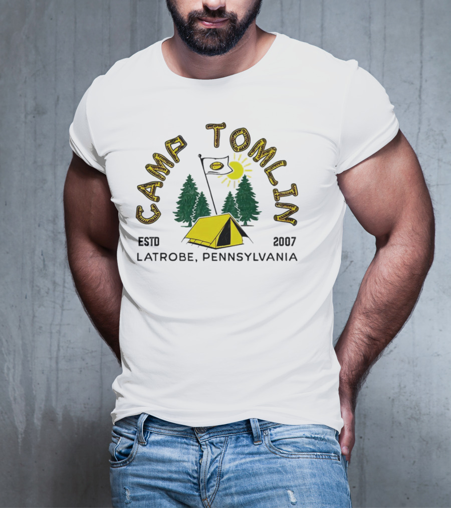 Camp Tomlin Established 2007 Latrobe Pennsylvania Football Camping Tent Trees Moon Sun T-Shirt