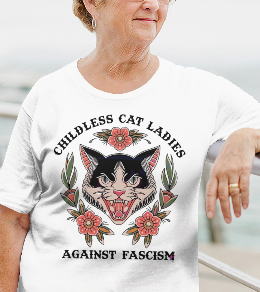 Childless Cat Ladies Against Fascism Fierce Cat With Flowers T-Shirt