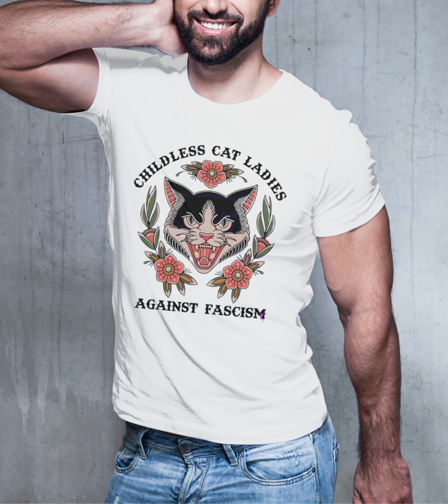 Childless Cat Ladies Against Fascism Fierce Cat With Flowers T-Shirt
