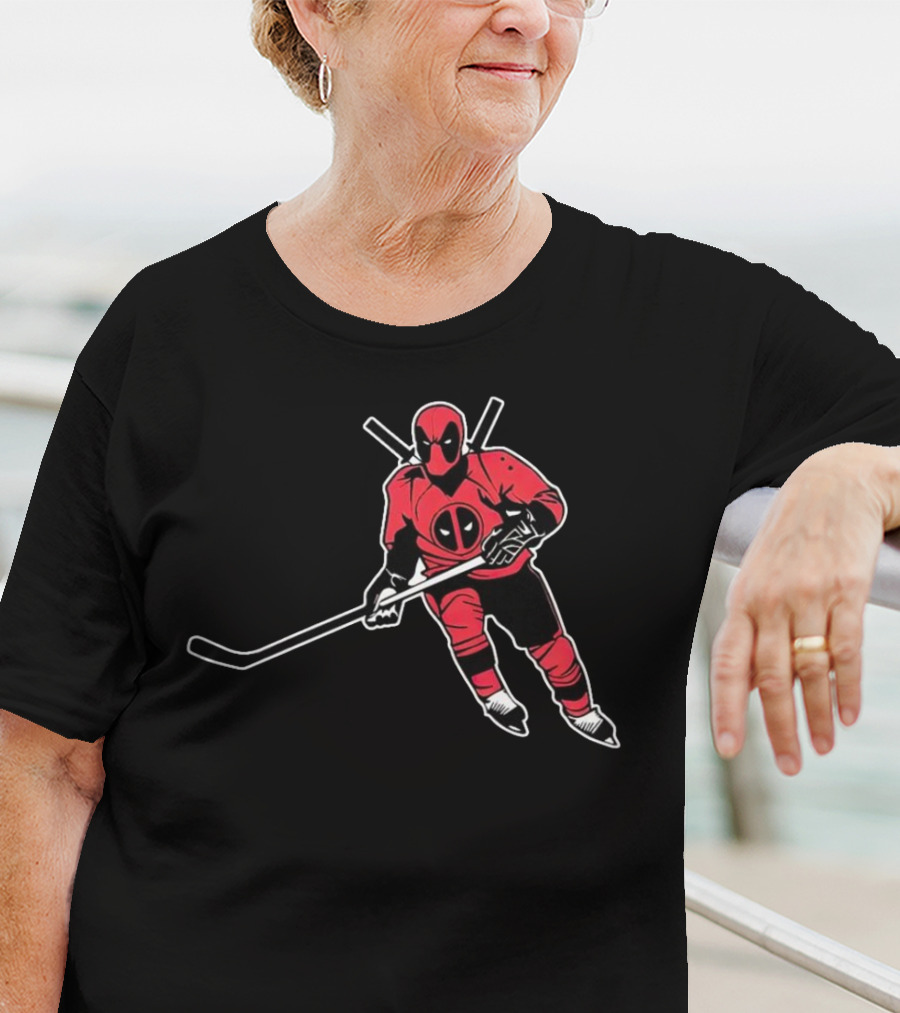 Deadpool Playing Hockey With Iconic Mask And Costume T-Shirt