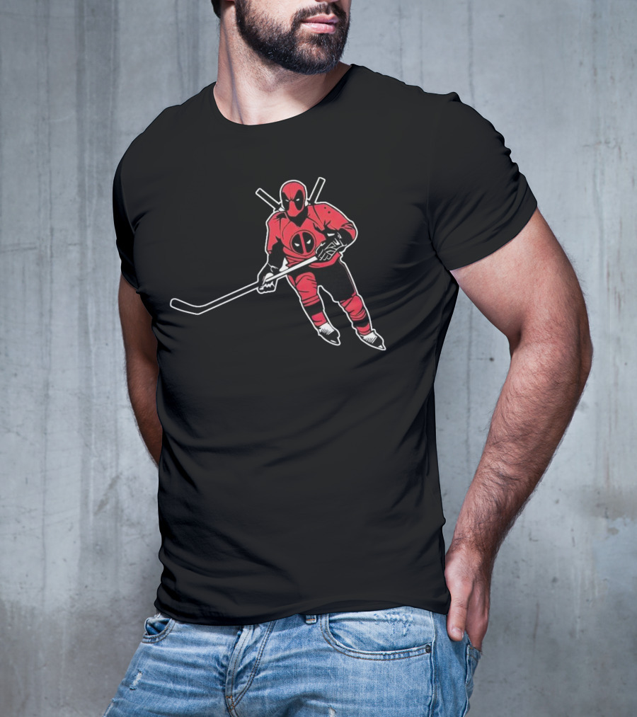 Deadpool Playing Hockey With Iconic Mask And Costume T-Shirt