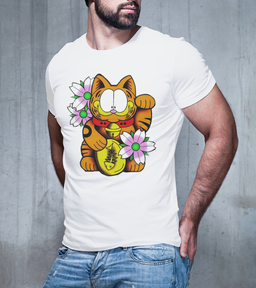 Garfield Maneki Neko With Fish Coin And Flowers T-Shirt