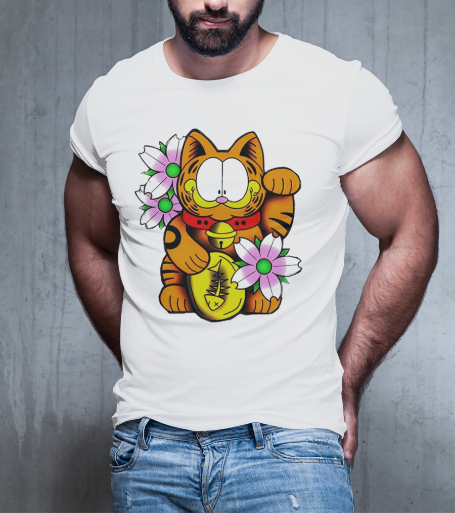 Garfield Maneki Neko With Fish Coin And Flowers T-Shirt
