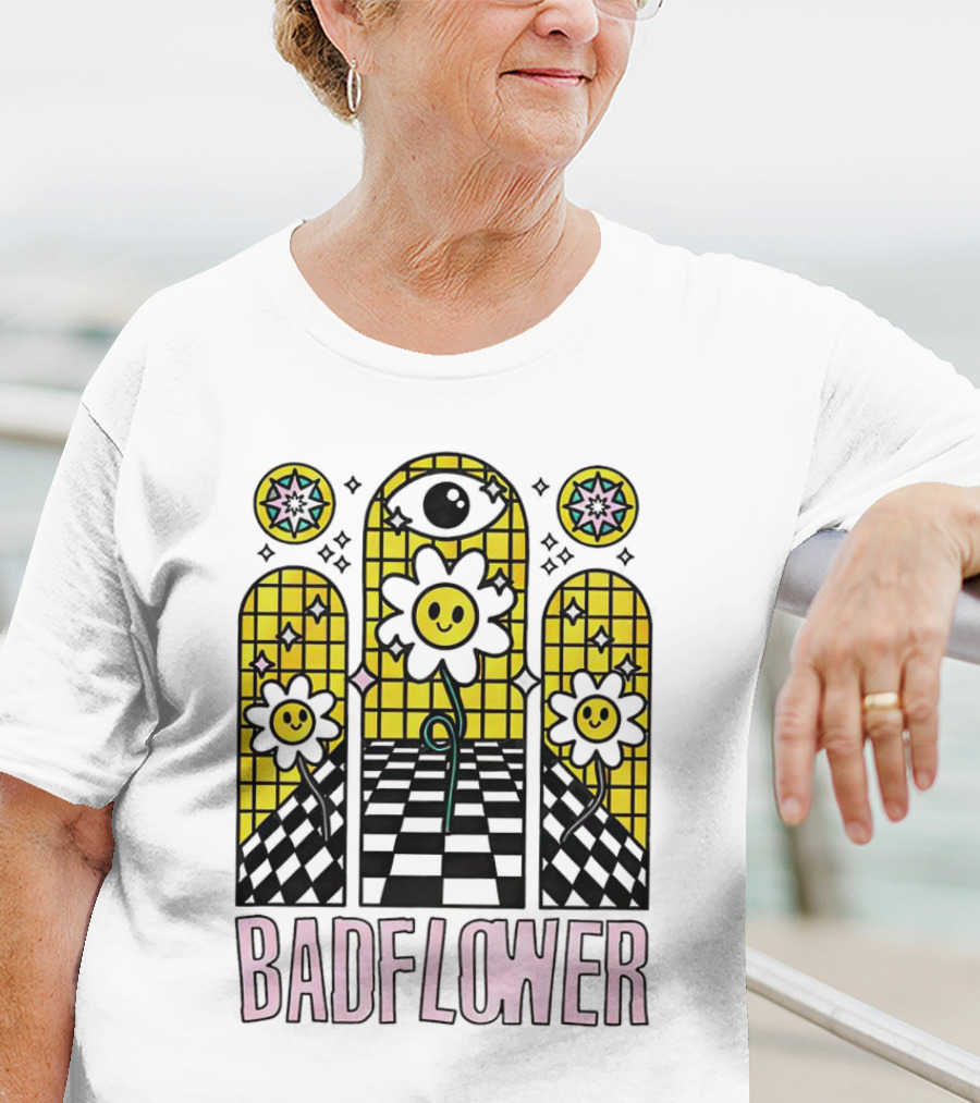 Badflower Eyeball Wall Happy Flowers Stained Glass T-Shirt