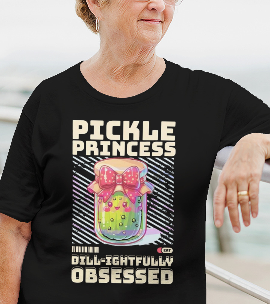 Pickle Princess Dill-ightfully Obsessed Retro Cute Jar With Bow And Barcode Eat T-Shirt