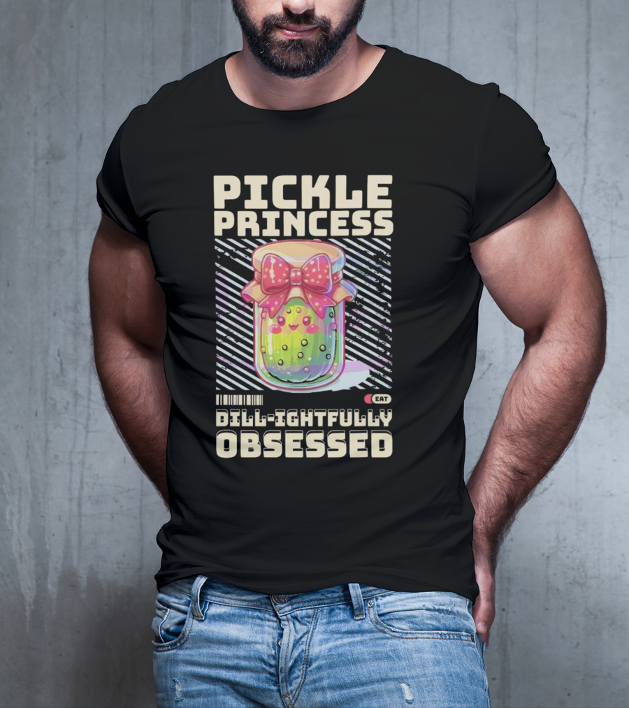 Pickle Princess Dill-ightfully Obsessed Retro Cute Jar With Bow And Barcode Eat T-Shirt