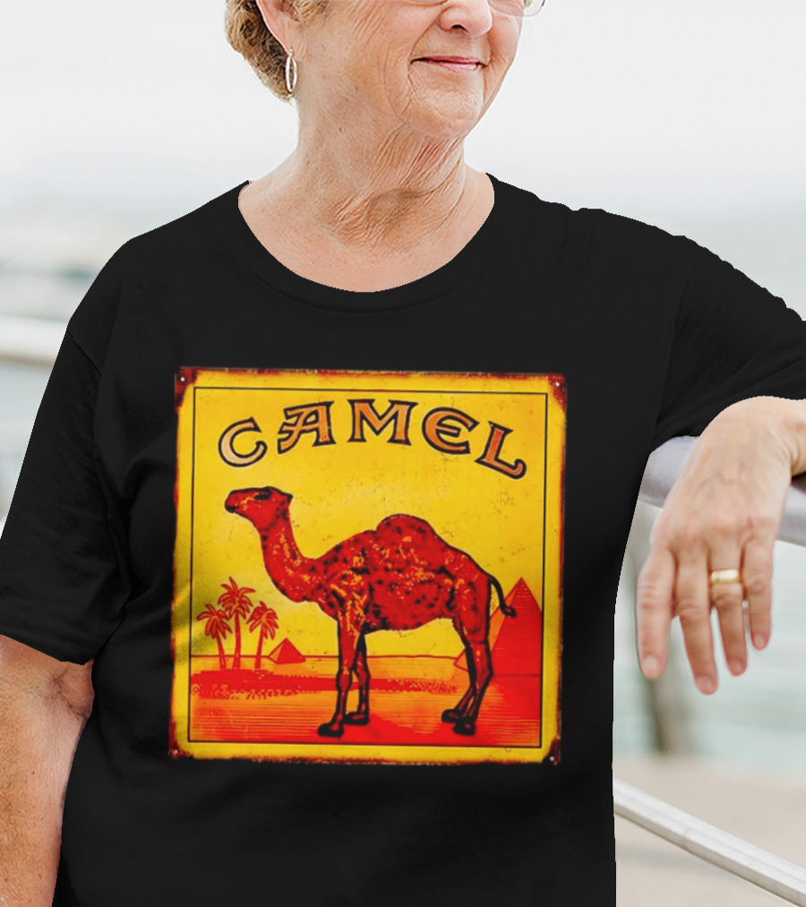 Vintage Camel Cigarettes Logo Yellow Square With Red Camel And Pyramids T-Shirt