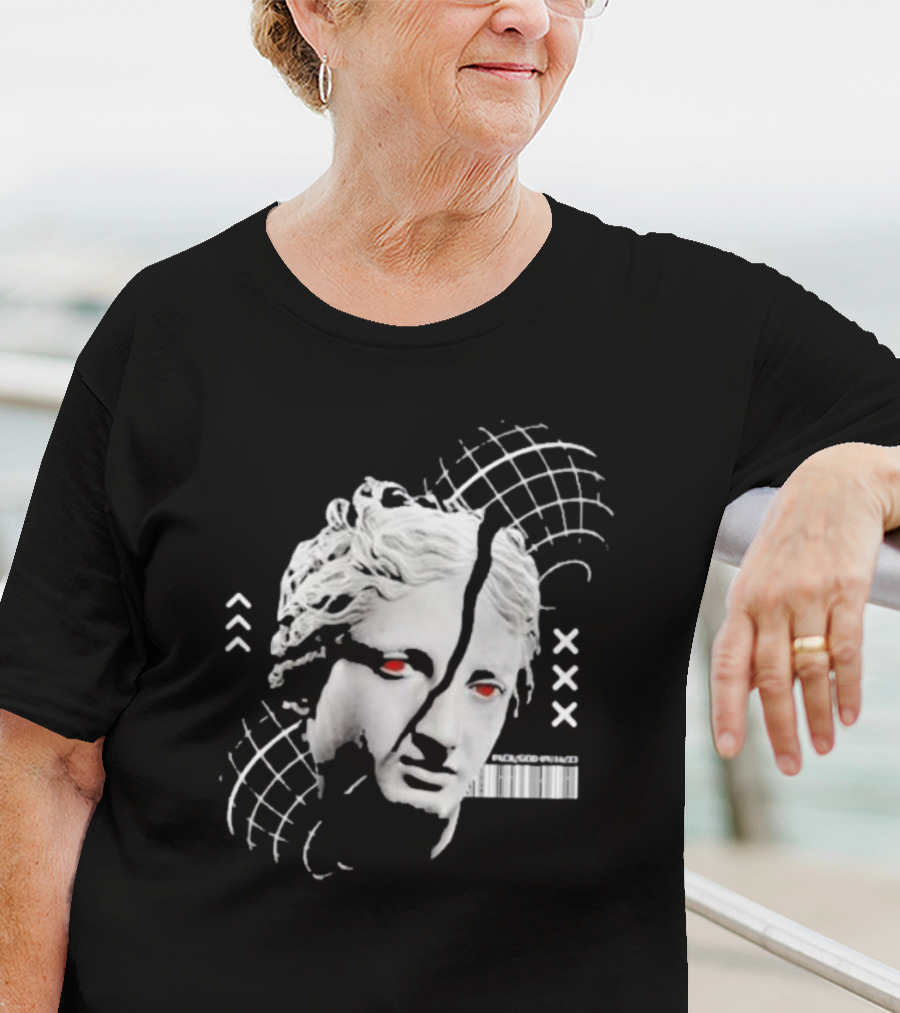 Packgod Formal Distorted Classical Art With Red Eyes And Barcode T-Shirt