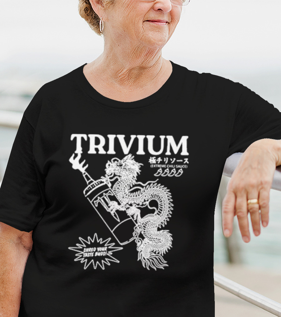 TRIVIUM Extreme Chili Sauce Shred Your Taste Buds Dragon Bottle T-Shirt
