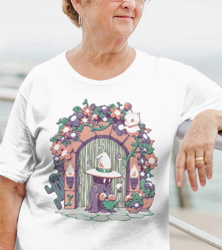A Gardening Mage And Friends Enchanted Floral Doorway Fantasy Garden Scene T-Shirt