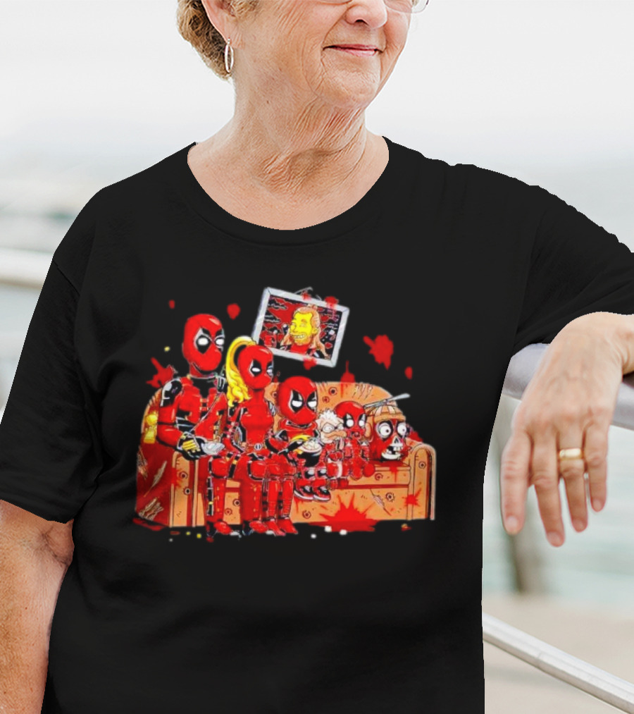 Deadpool Characters Sitting On Simpsons Couch With TV Screen T-Shirt