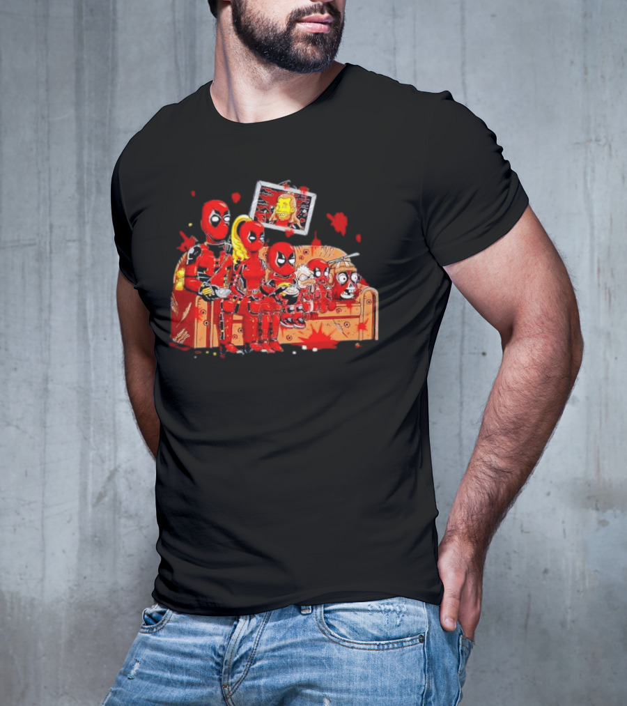 Deadpool Characters Sitting On Simpsons Couch With TV Screen T-Shirt