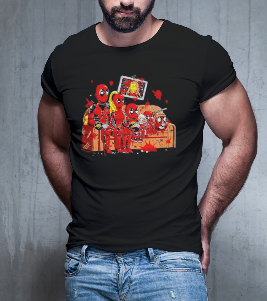 Deadpool Characters Sitting On Simpsons Couch With TV Screen T-Shirt