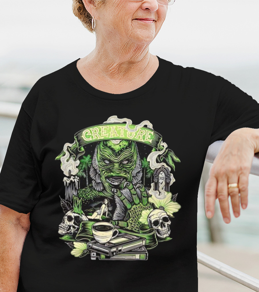 Creature From The Black Lagoon Gill-man Illustrated With Skulls, Books, And Coffee Cup T-Shirt