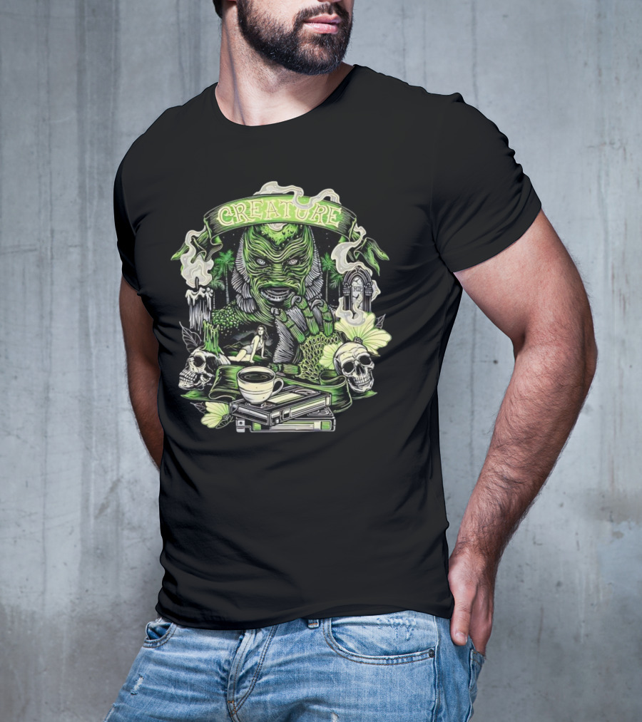 Creature From The Black Lagoon Gill-man Illustrated With Skulls, Books, And Coffee Cup T-Shirt