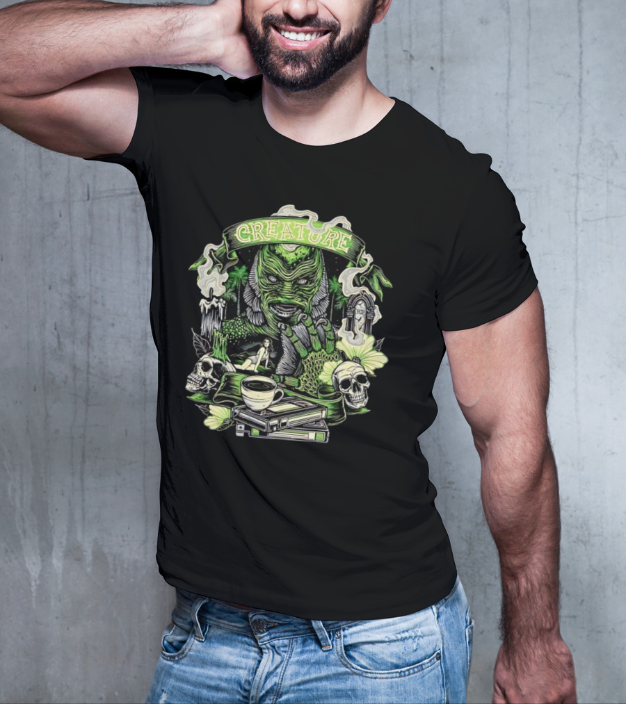 Creature From The Black Lagoon Gill-man Illustrated With Skulls, Books, And Coffee Cup T-Shirt