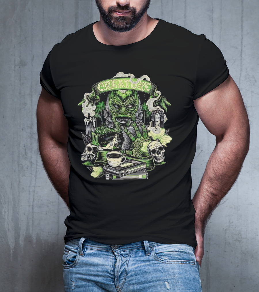 Creature From The Black Lagoon Gill-man Illustrated With Skulls, Books, And Coffee Cup T-Shirt