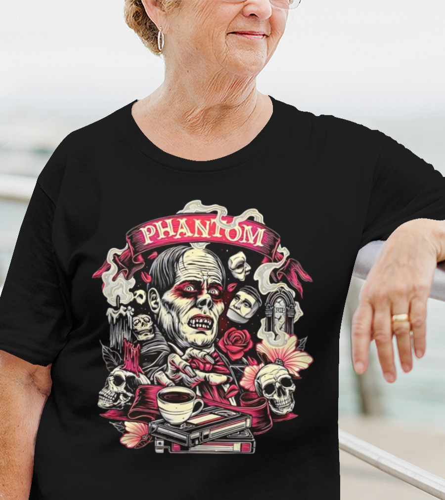 Phantom Of The Opera The Many Faces Of The Phantom With Skulls, Roses, And Coffee Cup T-Shirt