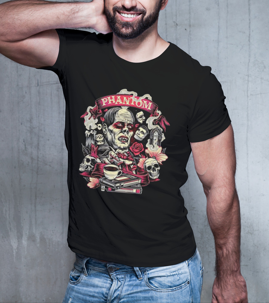 Phantom Of The Opera The Many Faces Of The Phantom With Skulls, Roses, And Coffee Cup T-Shirt