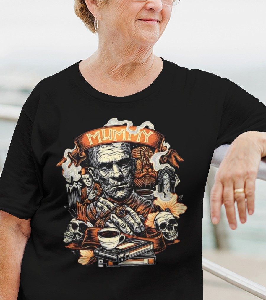 Mummy Vintage Horror Scene With Skulls And Coffee T-Shirt