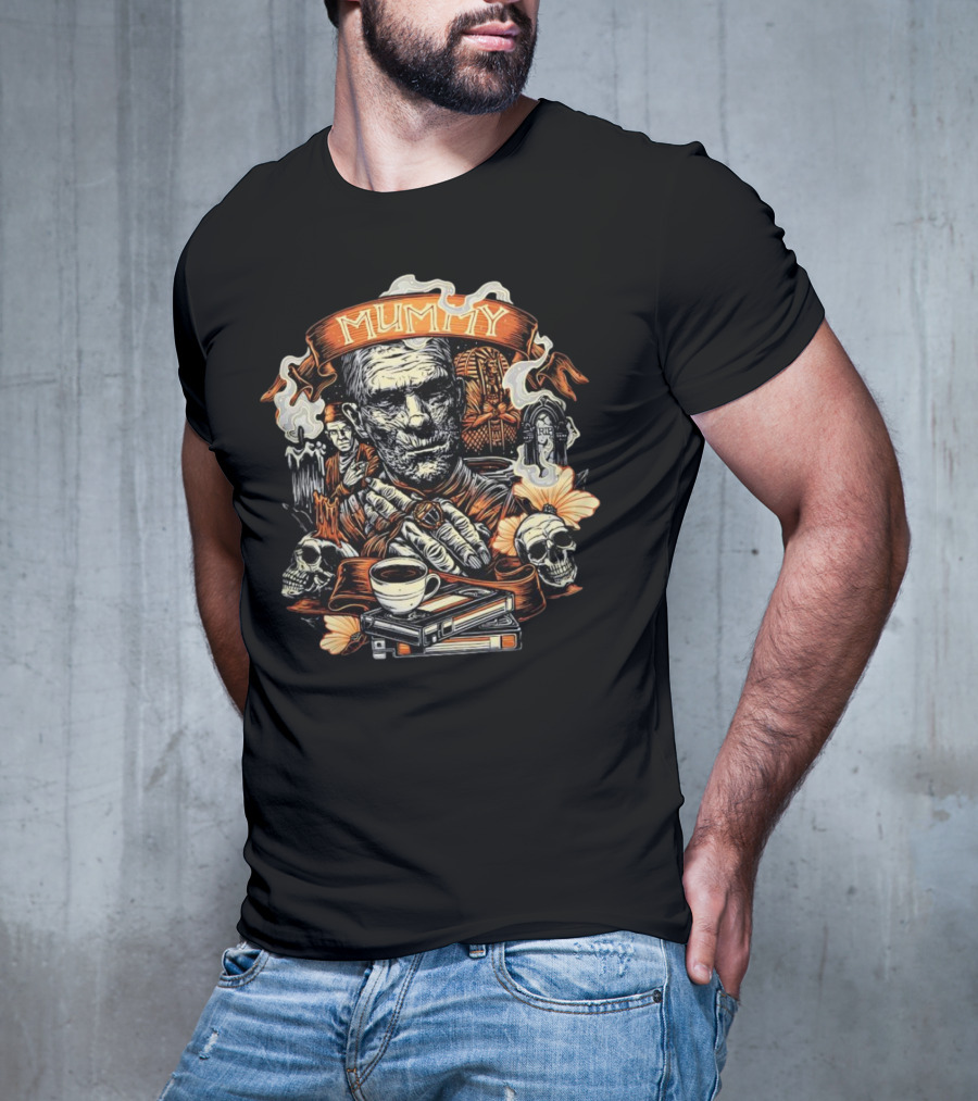 Mummy Vintage Horror Scene With Skulls And Coffee T-Shirt