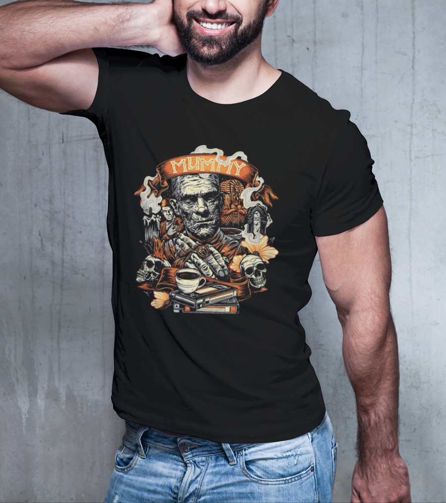Mummy Vintage Horror Scene With Skulls And Coffee T-Shirt