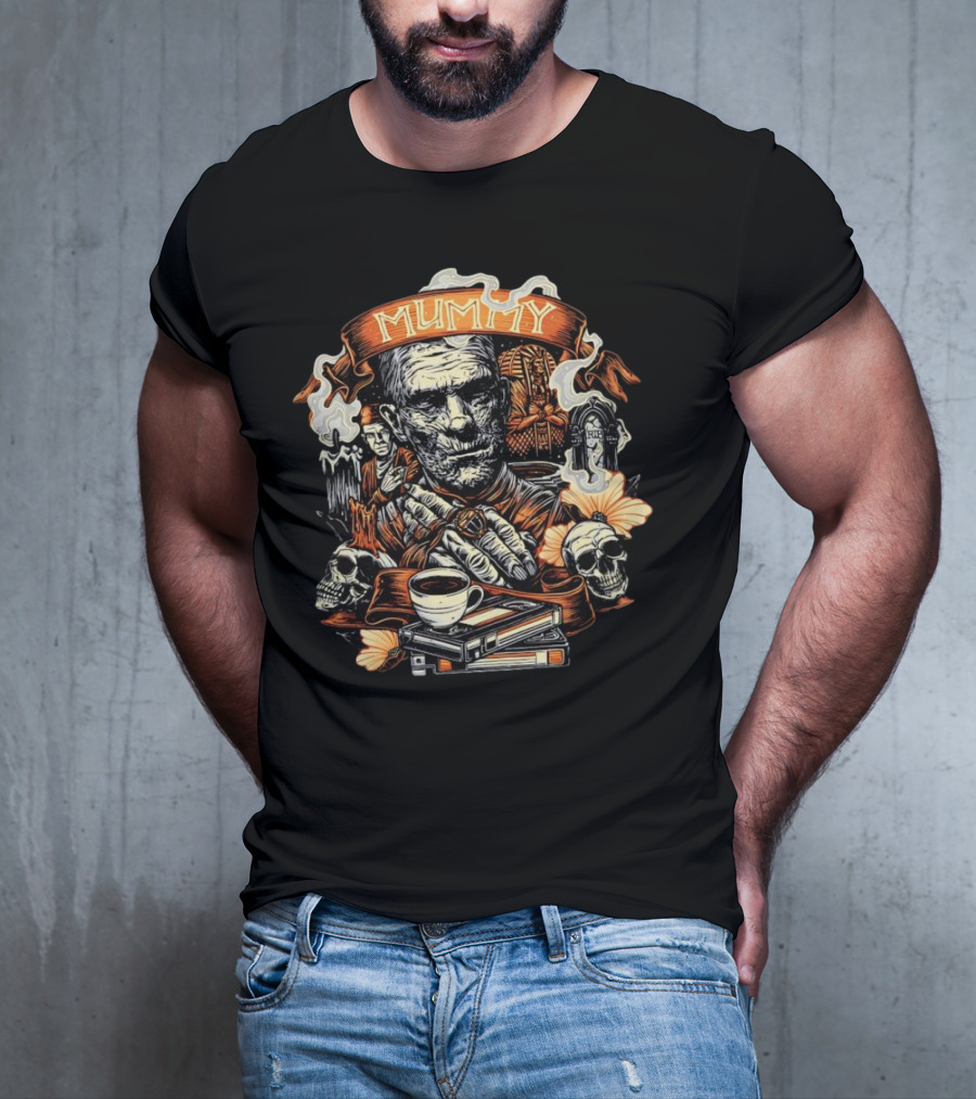 Mummy Vintage Horror Scene With Skulls And Coffee T-Shirt