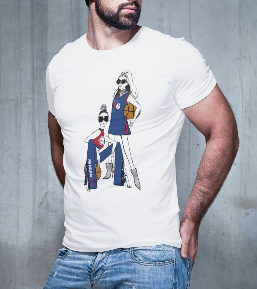 Philadelphia 76ers G-III 4Her Basketball Girls Fitted Blue And Red 76 Jersey And Pants With Basketball T-Shirt