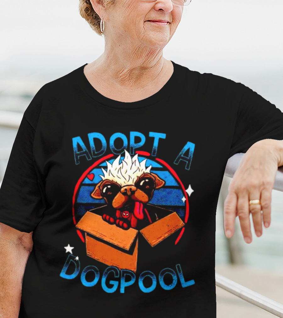 Adopt A Dogpool Cute Pug In Cardboard Box With Hearts And Stars T-Shirt