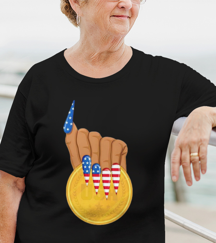 USA Gold Medal Hand With American Flag Nails T-Shirt