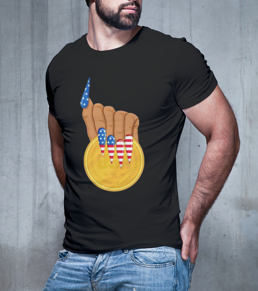 USA Gold Medal Hand With American Flag Nails T-Shirt