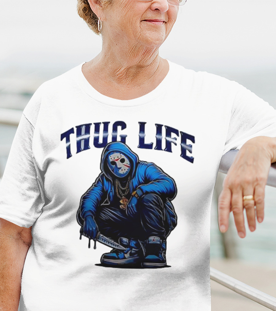Thug Life Masked Man Sitting With Knife In Blue Hoodie And Sneakers T-Shirt