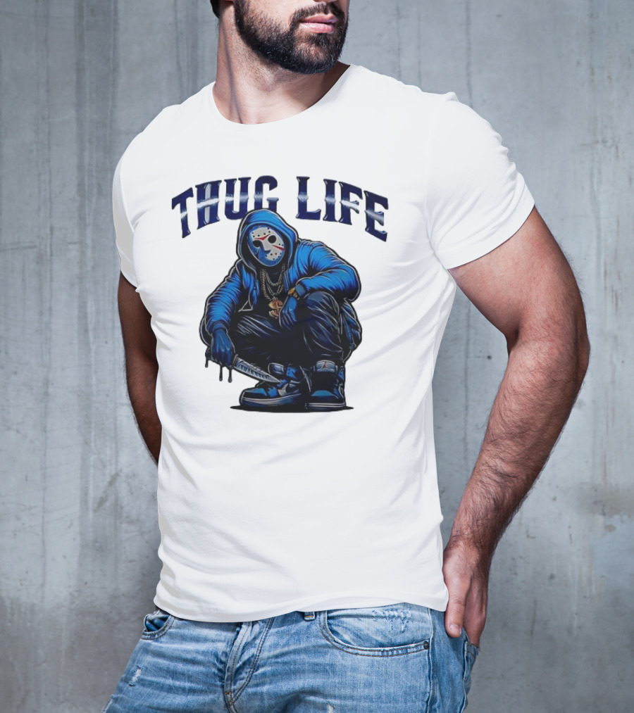 Thug Life Masked Man Sitting With Knife In Blue Hoodie And Sneakers T-Shirt
