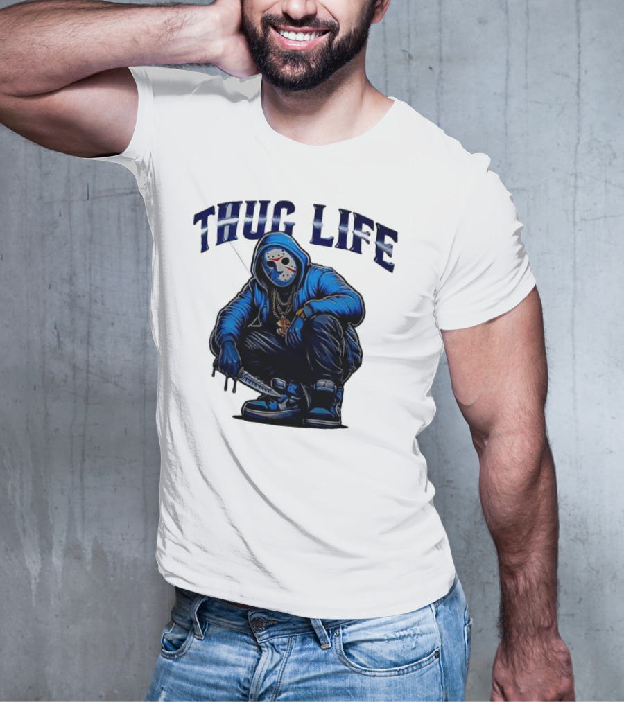 Thug Life Masked Man Sitting With Knife In Blue Hoodie And Sneakers T-Shirt