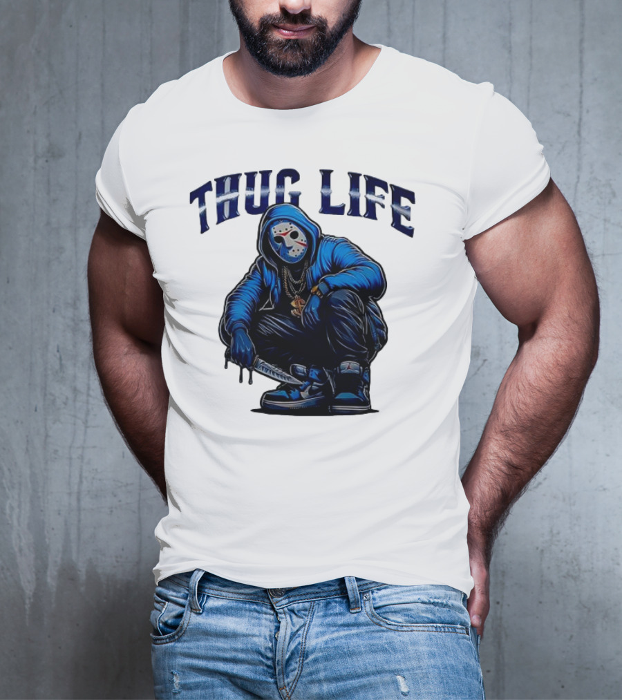Thug Life Masked Man Sitting With Knife In Blue Hoodie And Sneakers T-Shirt