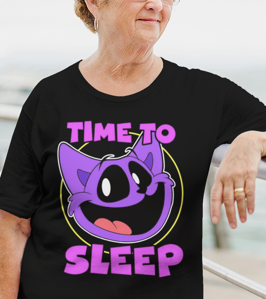 Time To Sleep Purple Cat Cartoon Face T-Shirt