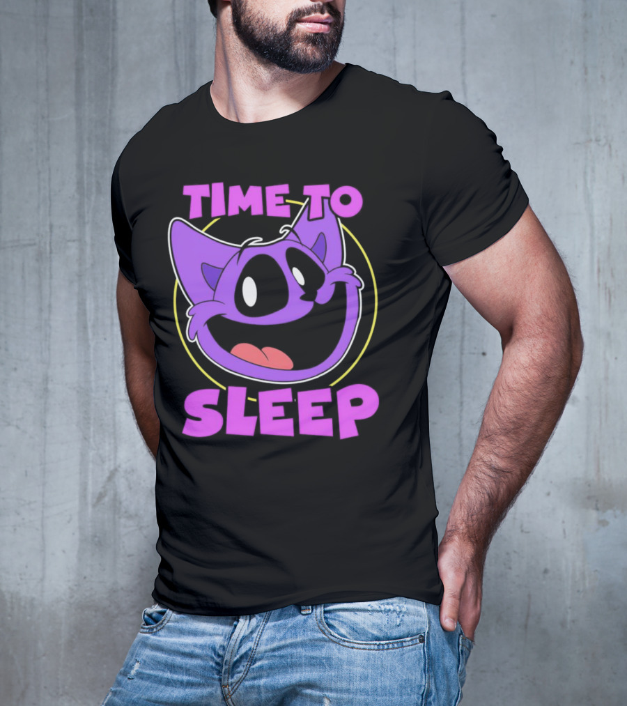 Time To Sleep Purple Cat Cartoon Face T-Shirt